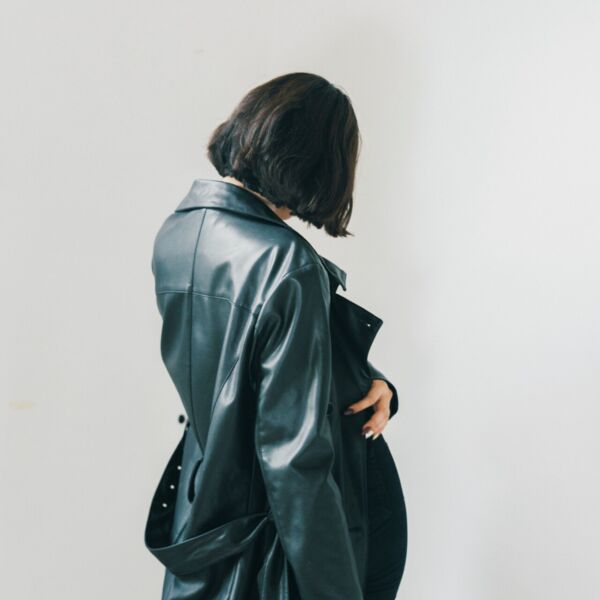 Minimal dark green leather long trench 