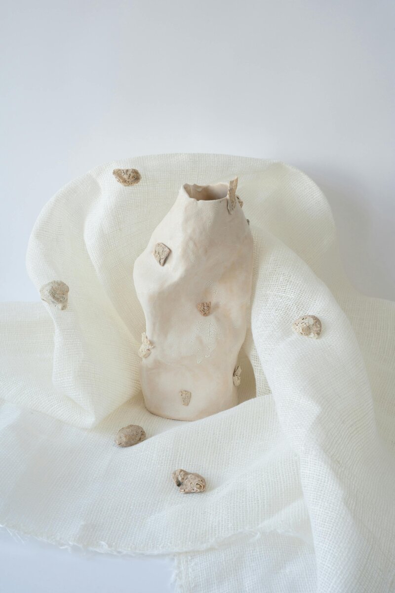 Ceramic pot with natural shells layed on white gauze