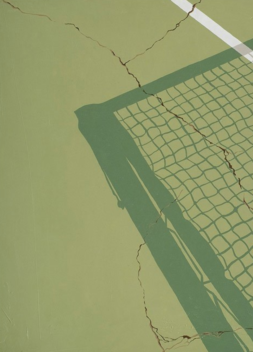 The shadow of a net on an old green floor